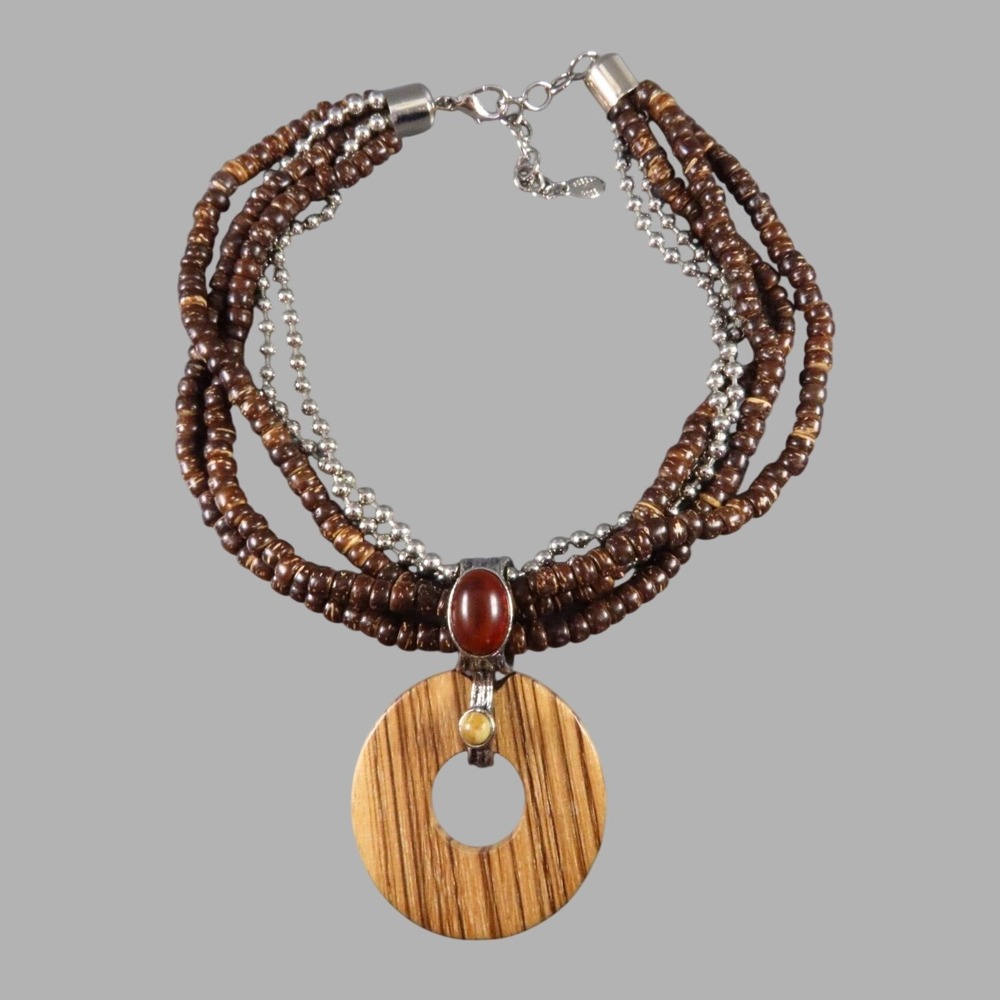 VTG ROBERT ROSE Brown Beaded Necklace WOODEN DISK PENDANT Silver Multi-Strand